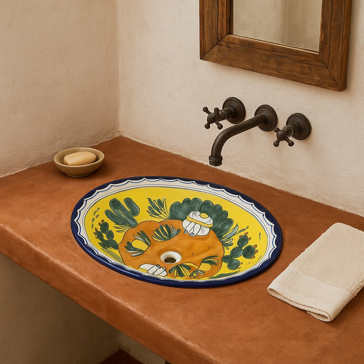 Cactus with medallion mofif painted oval sink in a rustic bathroom