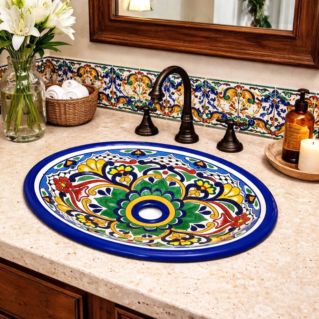 Talavera multicolor scroll bathroom sink displayed in a house bathroom as a vibrant handcrafted focal point