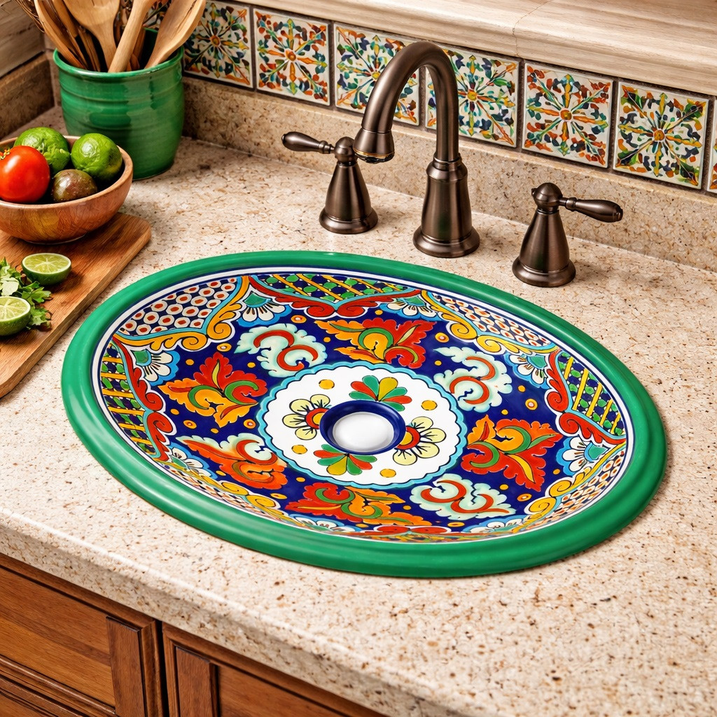 Cobalt multicolor talavera bathroom sink used as a statement basin in a kitchen space with rustic finishes