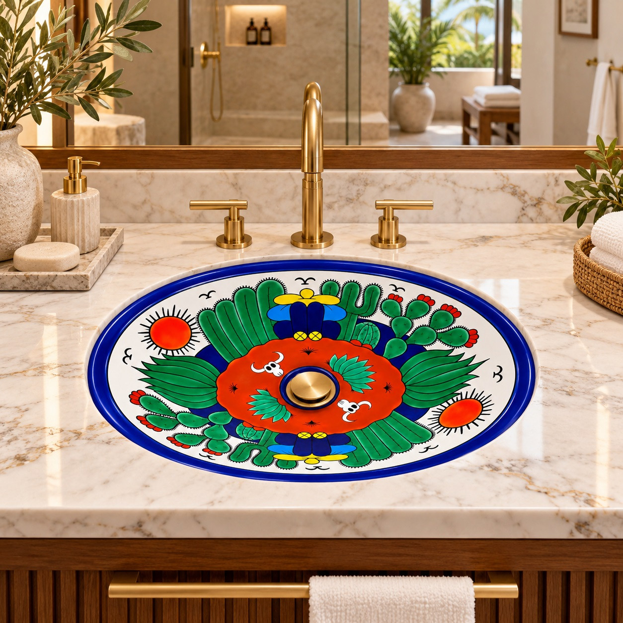 Oval talavera bathroom sink cactus desert folk design in a luxury hotel vanity