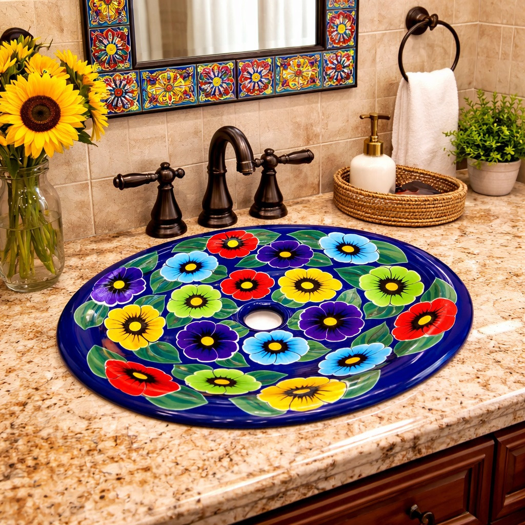 Talavera bathroom sink cobalt pansy used in a house bathroom as a decorative focal element with bold color