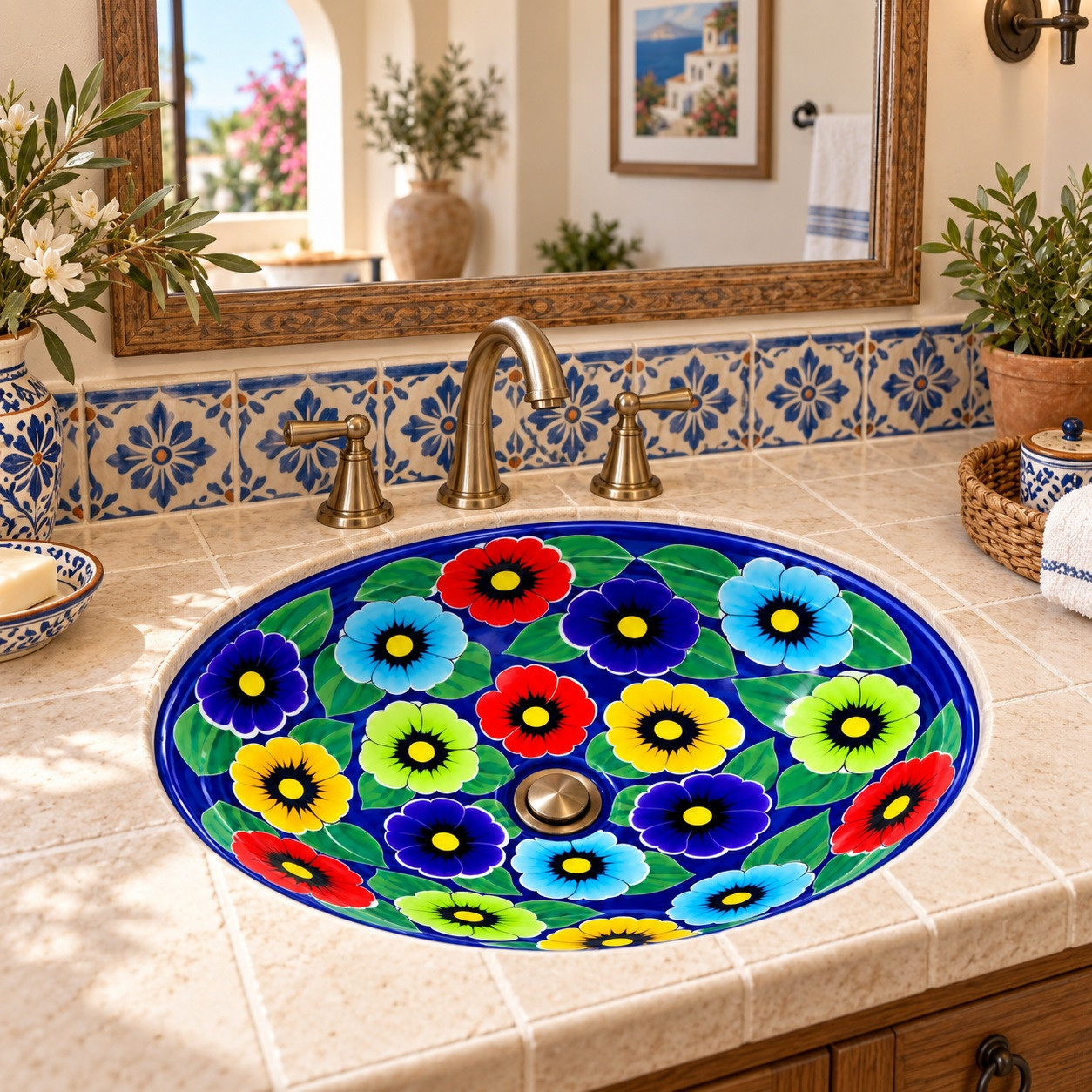 Talavera bathroom sink cobalt pansy in a Mediterranean guest bath with stone tile and brass