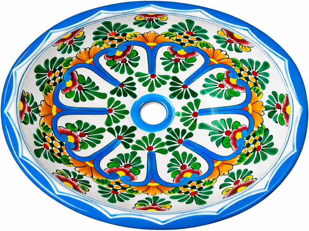 Oval mexican talavera green floral bathroom sink