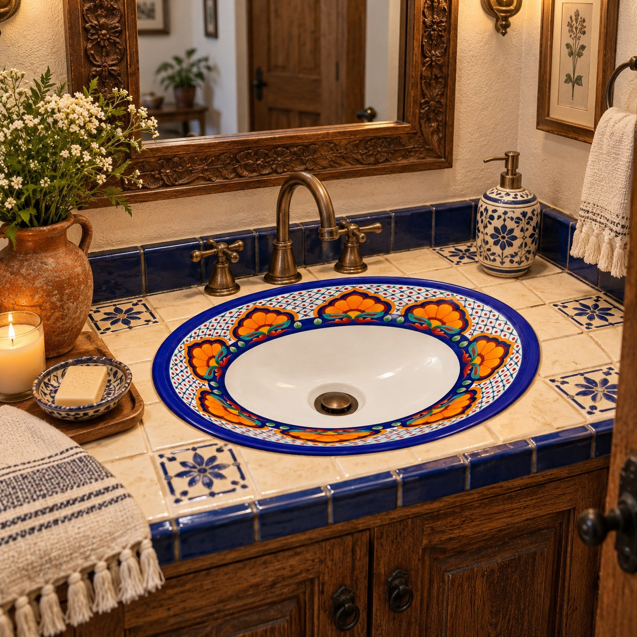 Oval Mexican floral lattice with white bottom bathroom sink in a vintage powder room