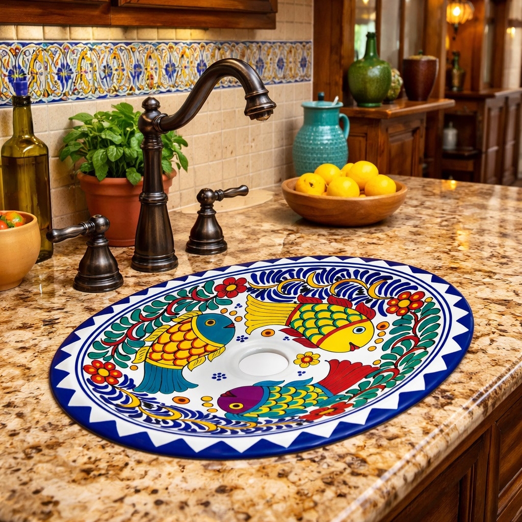Oval talavera bathroom sink colorful fish design installed in Mediterranean kitchen bar with rustic cabinetry