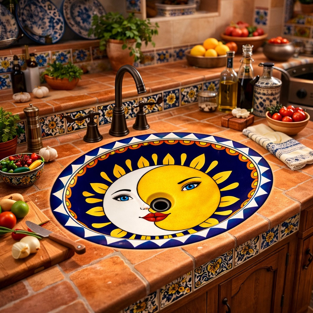 Oval talavera sun moon mexican bathroom sink installed in Mediterranean kitchen with stone countertop and cobalt tile accents