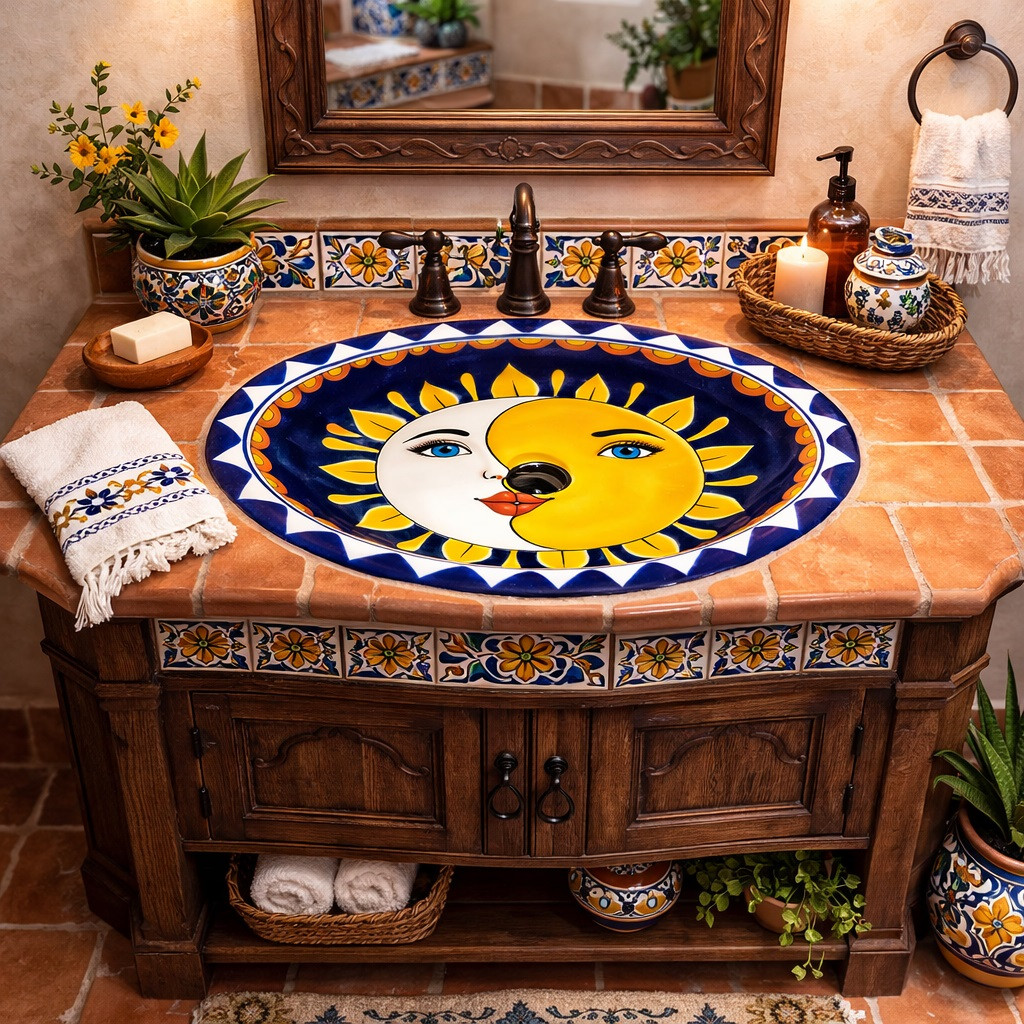 Oval talavera sun moon mexican bathroom sink in Spanish style vanity with wrought iron mirror and terracotta floor