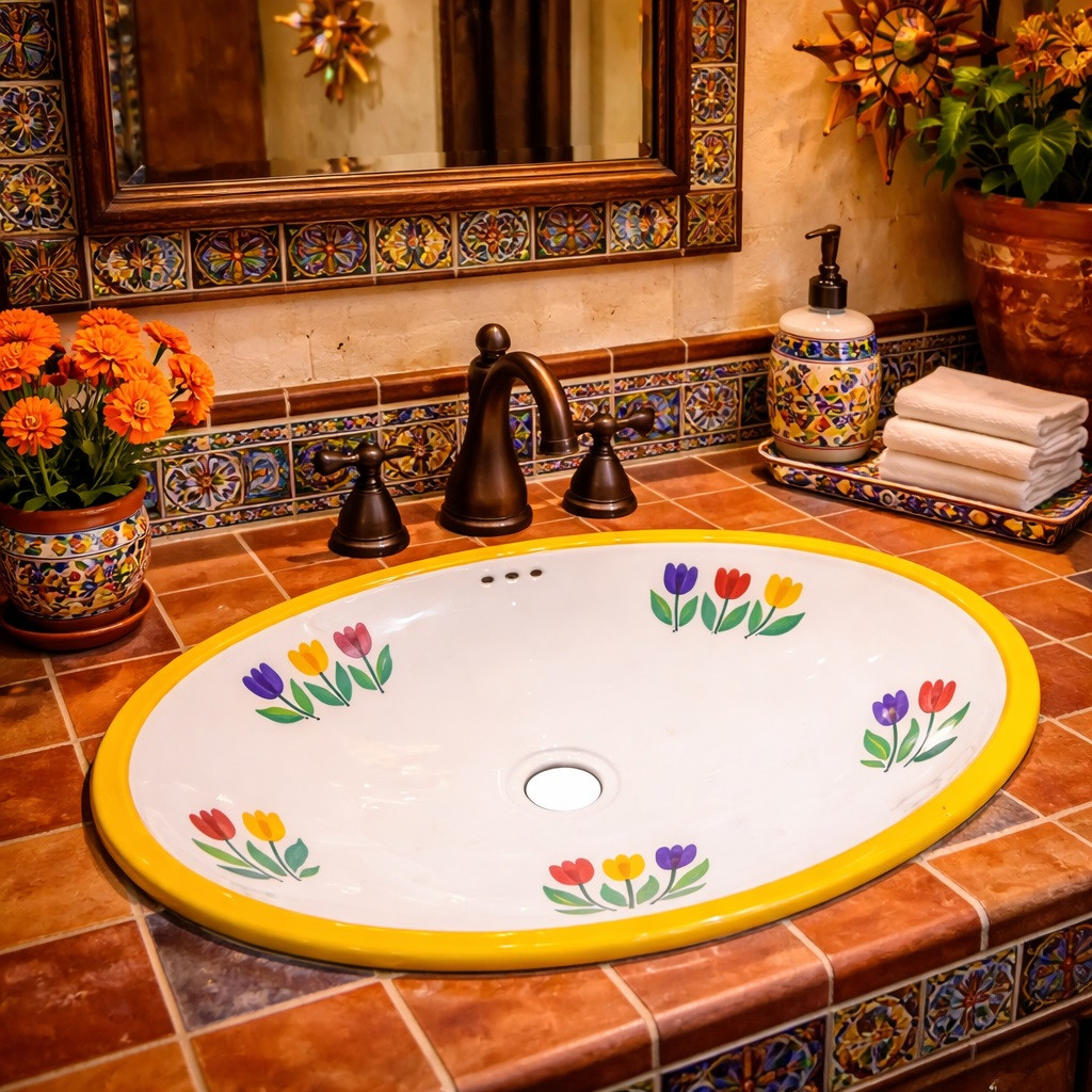 Mexican oval bathroom sink yellow tulip design featured in a Mexican restaurant restroom with vibrant handcrafted decor