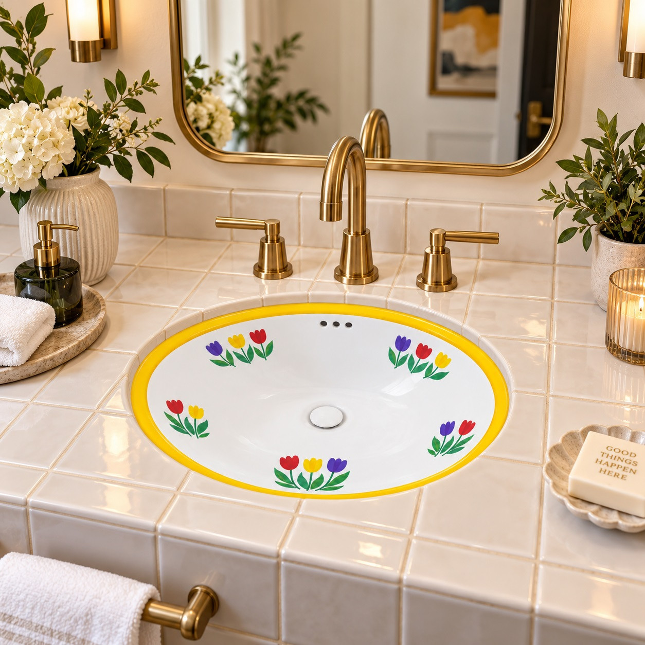 Mexican oval bathroom sink yellow tulip design in boutique hotel bath with brass fixtures