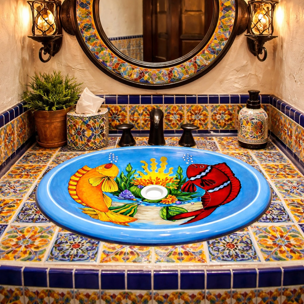 Mexican oval bathroom sink coastal fish design installed in Mexican restaurant restroom with colorful artisan décor