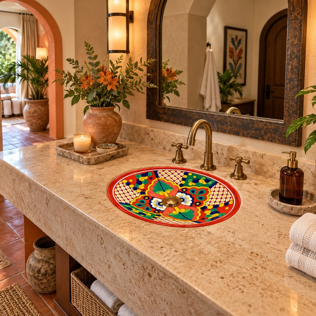 Oval talavera bathroom sink terracotta floral lattice motif in a boutique hotel bathroom