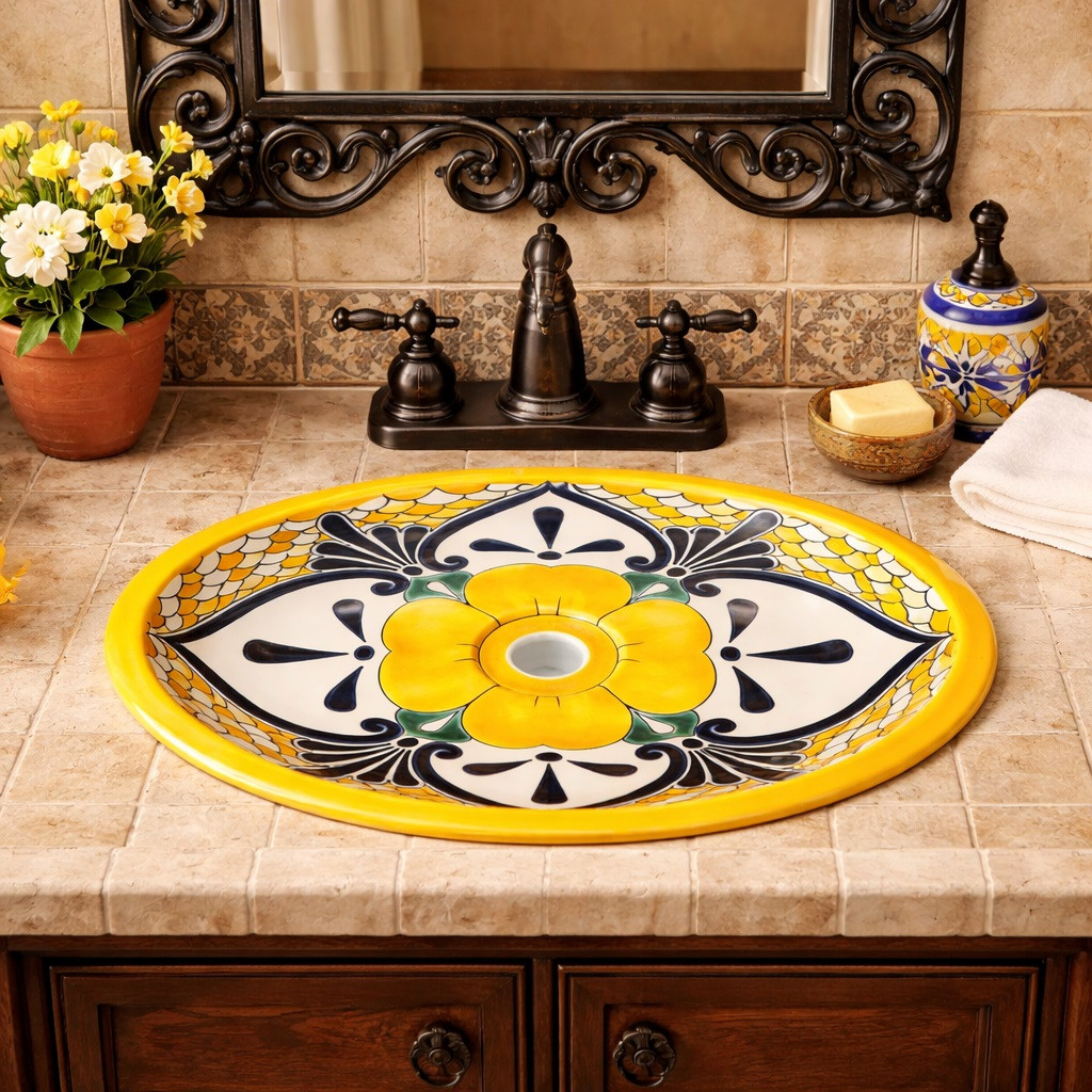 Oval talavera yellow flower mexican bathroom sink in Spanish style vanity with wrought iron mirror and terracotta tile
