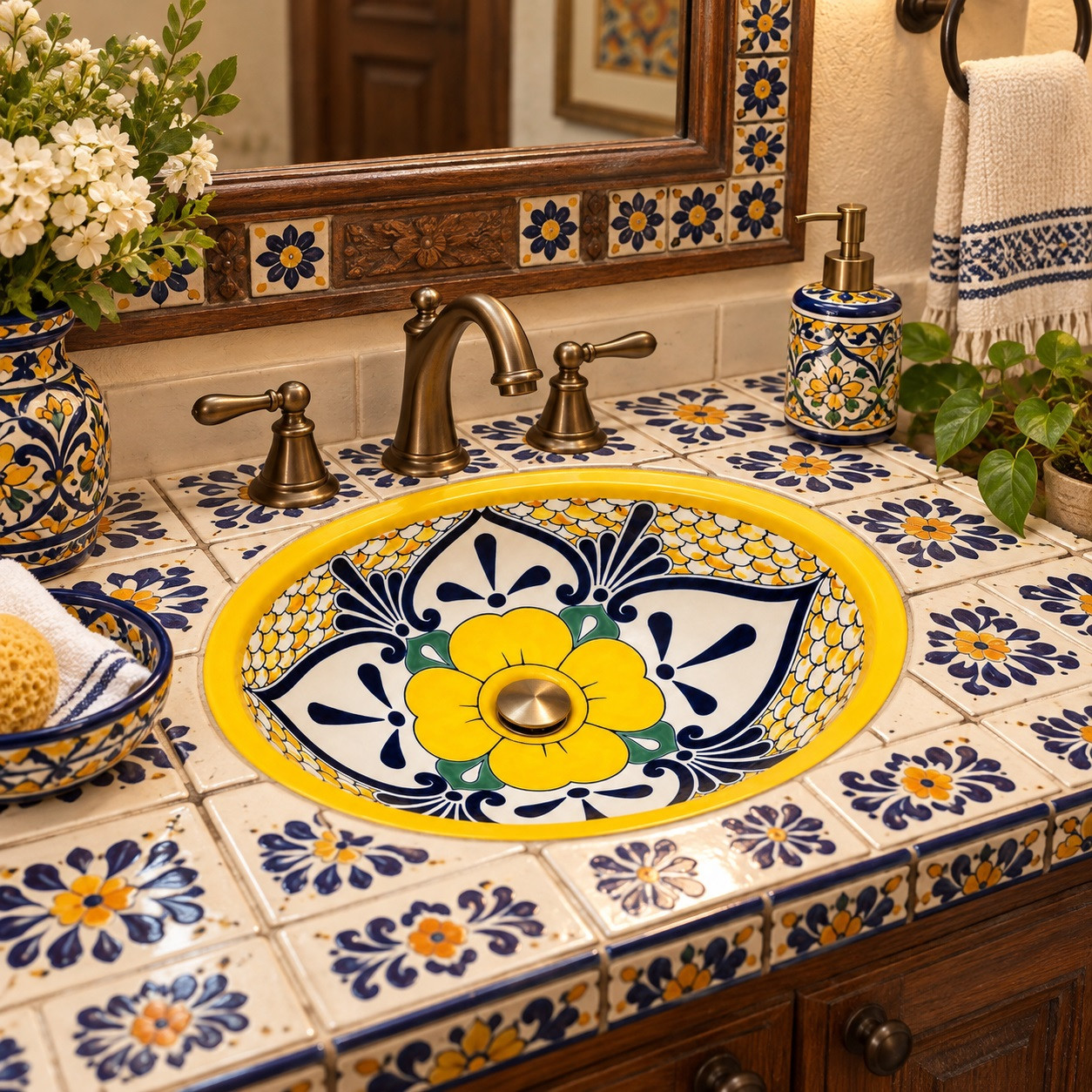 Oval talavera yellow flower Mexican bathroom sink in artisan tile powder room with warm wood
