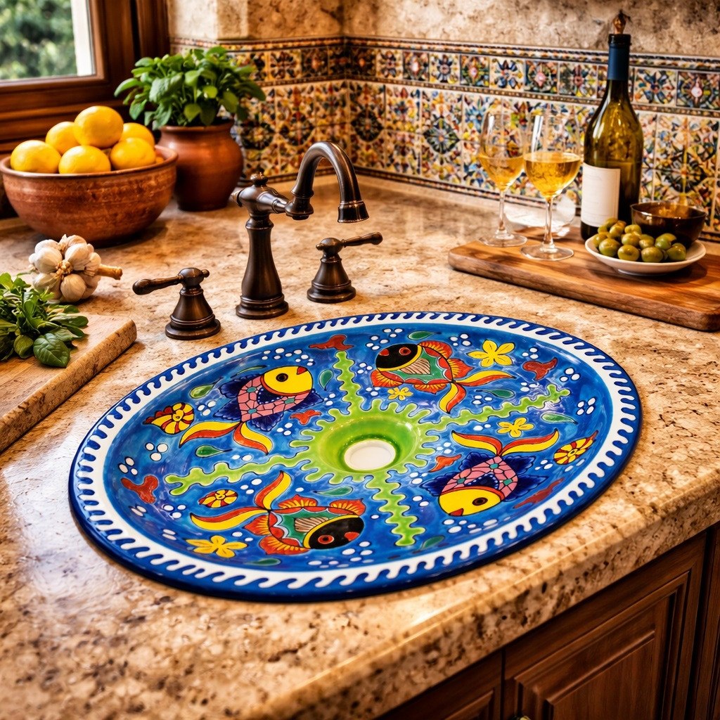 Mexican oval talavera fish bBathroom sink featured in Mediterranean kitchen bar with stone counter