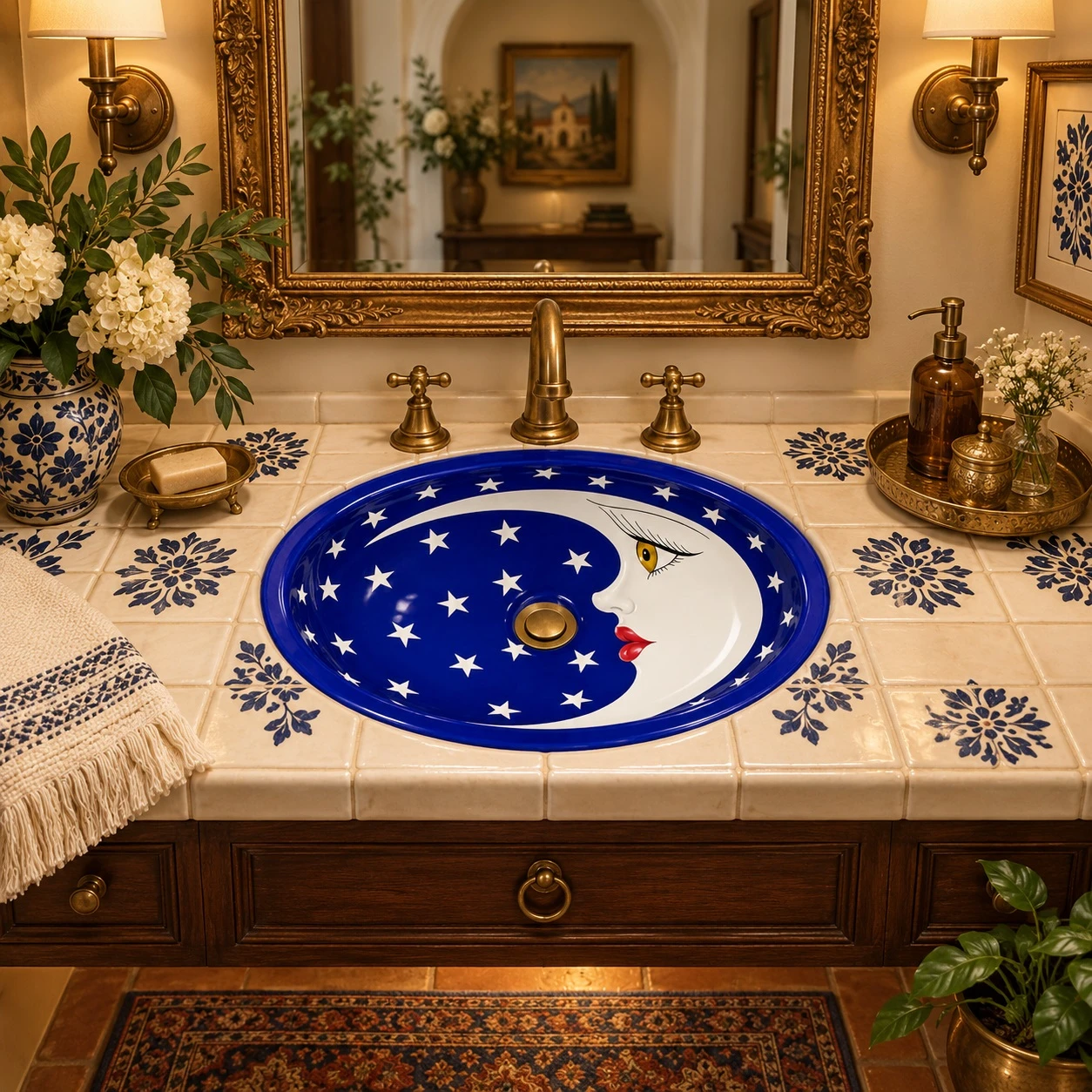 Oval Mexican bathroom sink cobalt moon design in a vintage powder room with brass and classic tile
