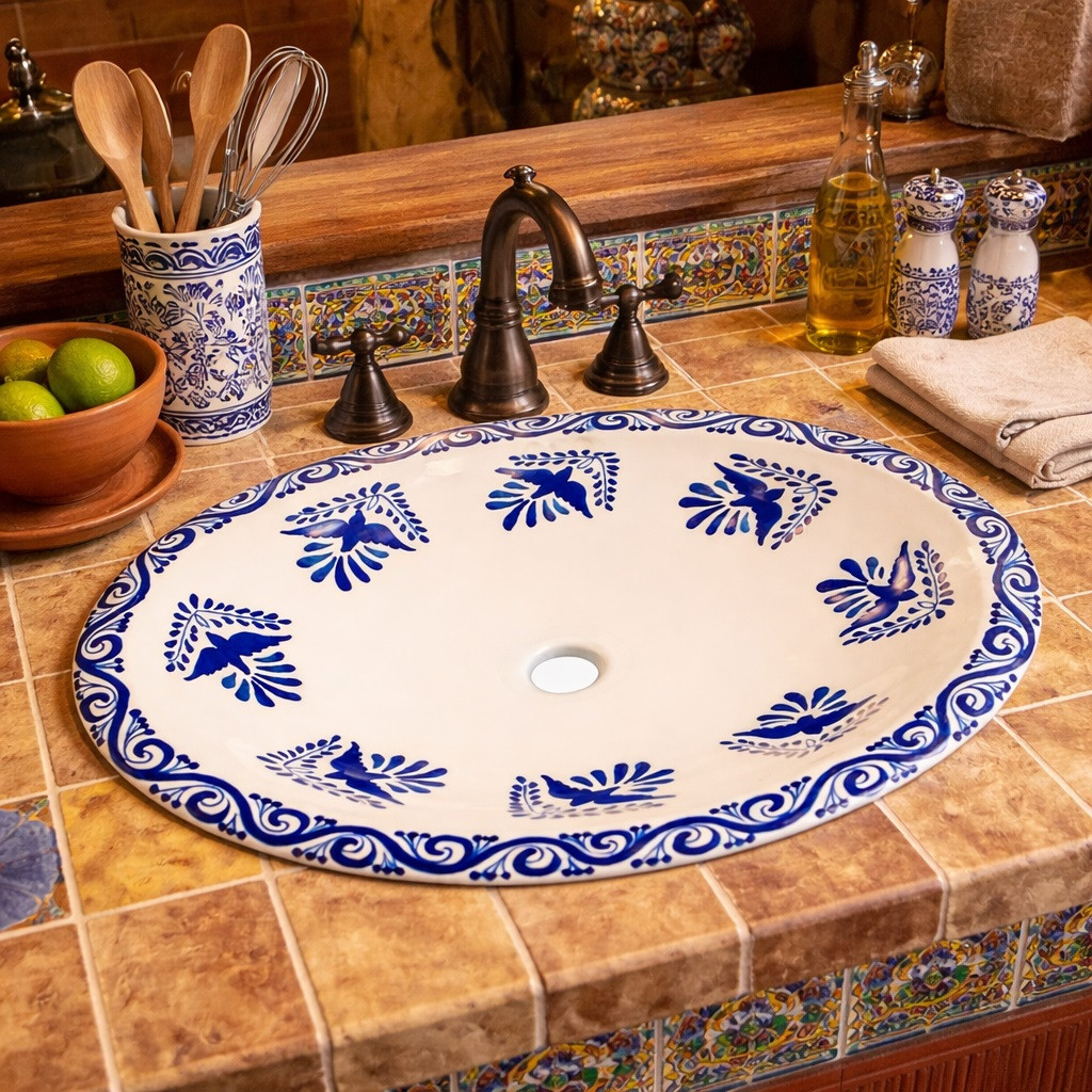 Oval mexican bathroom sink cobalt bird design integrated into rustic kitchen bar with wood counter and Talavera tile