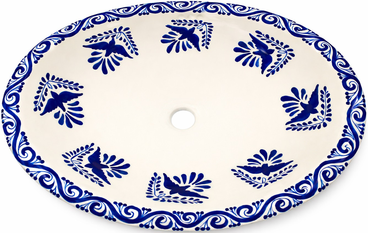 Oval mexican bathroom sink cobalt bird design