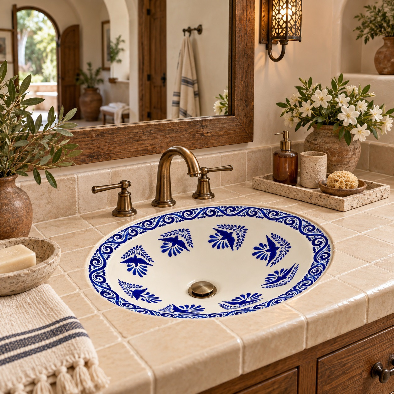 Oval Mexican bathroom sink cobalt bird design in a modern hacienda retreat with natural wood
