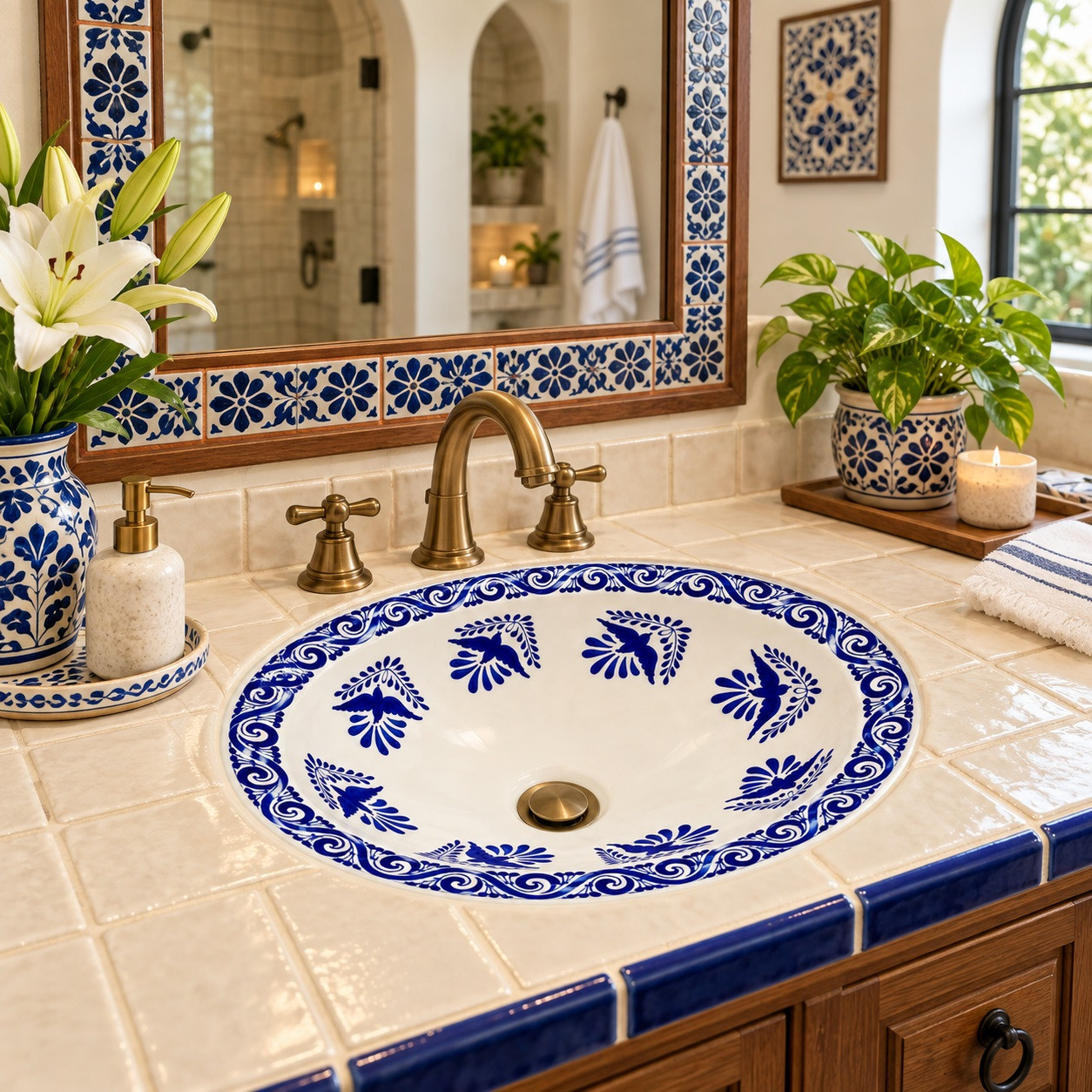 Oval Mexican bathroom sink cobalt bird design in an artisan tile bath with cobalt details