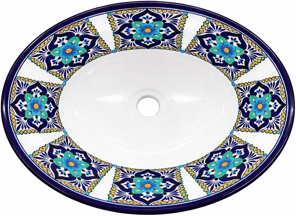 Mexican oval talavera blue floral bathroom sink