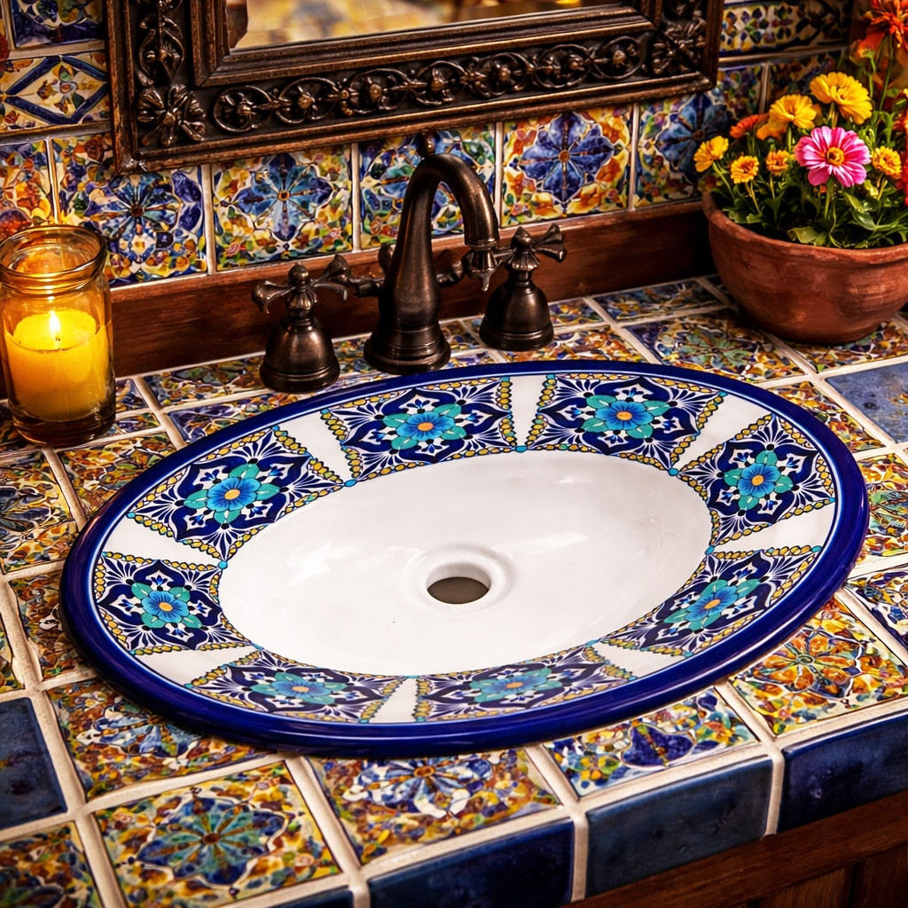 Mexican oval talavera blue floral bathroom sink featured in a Mexican restaurant restroom with colorful decor