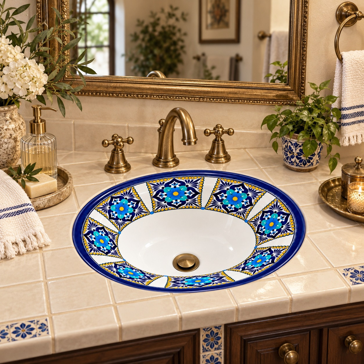 Mexican oval talavera dark & light blue floral bathroom sink in a vintage brass bathroom
