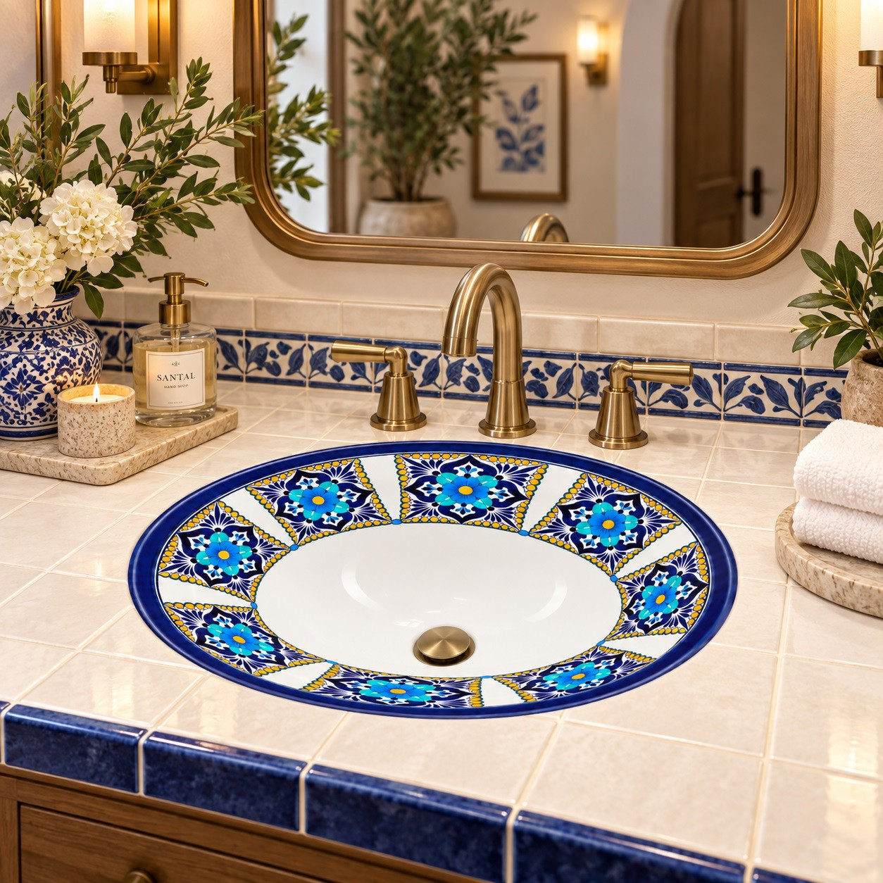 Mexican oval talavera dark & light blue floral bathroom sink in a boutique hotel powder room
