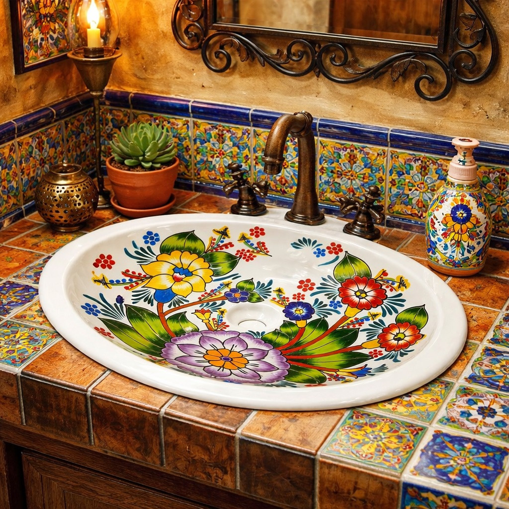 Oval mexican talavera floral bathroom sink in Mexican restaurant restroom with colorful tile and wood vanity