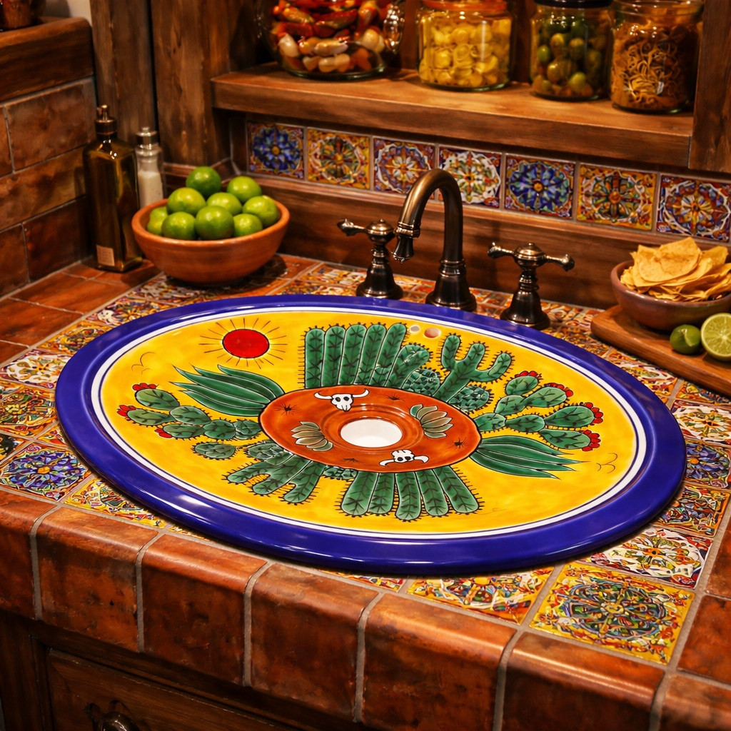 Oval mexican bathroom Sink desert cactus design installed in rustic kitchen bar with saltillo tile and wood beam ceiling