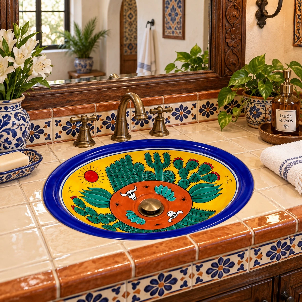 Oval Mexican bathroom sink desert cactus design in a colonial tile bath with warm rustic finishes