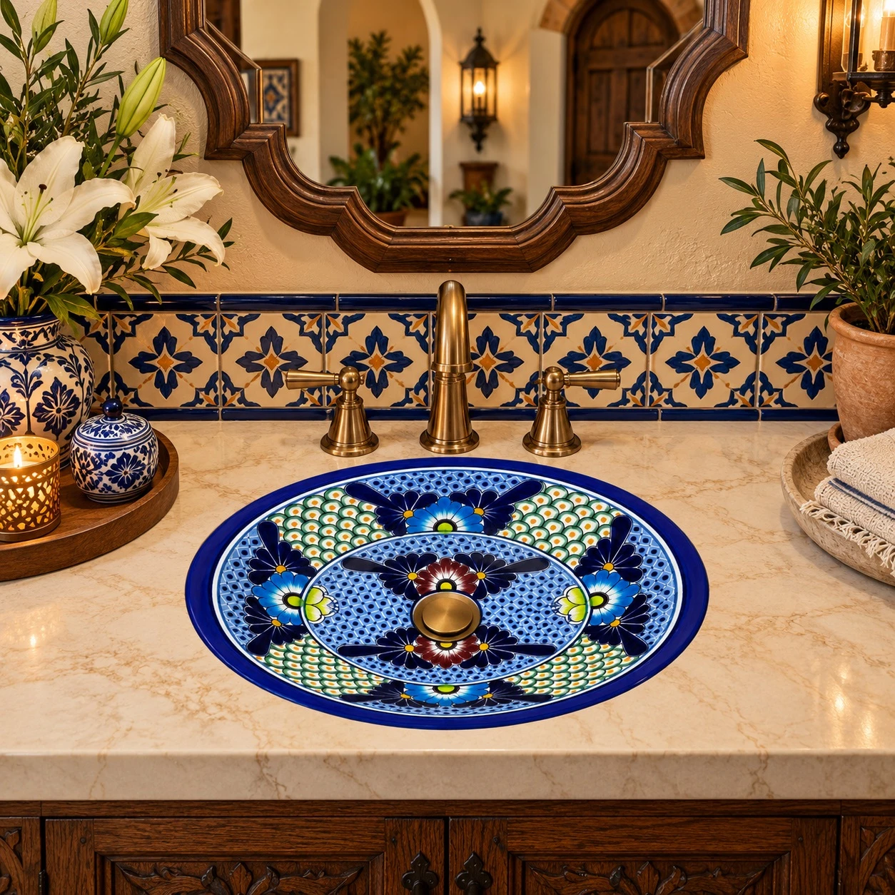 Oval talavera bathroom sink blue floral lattice design in a Spanish Revival vanity