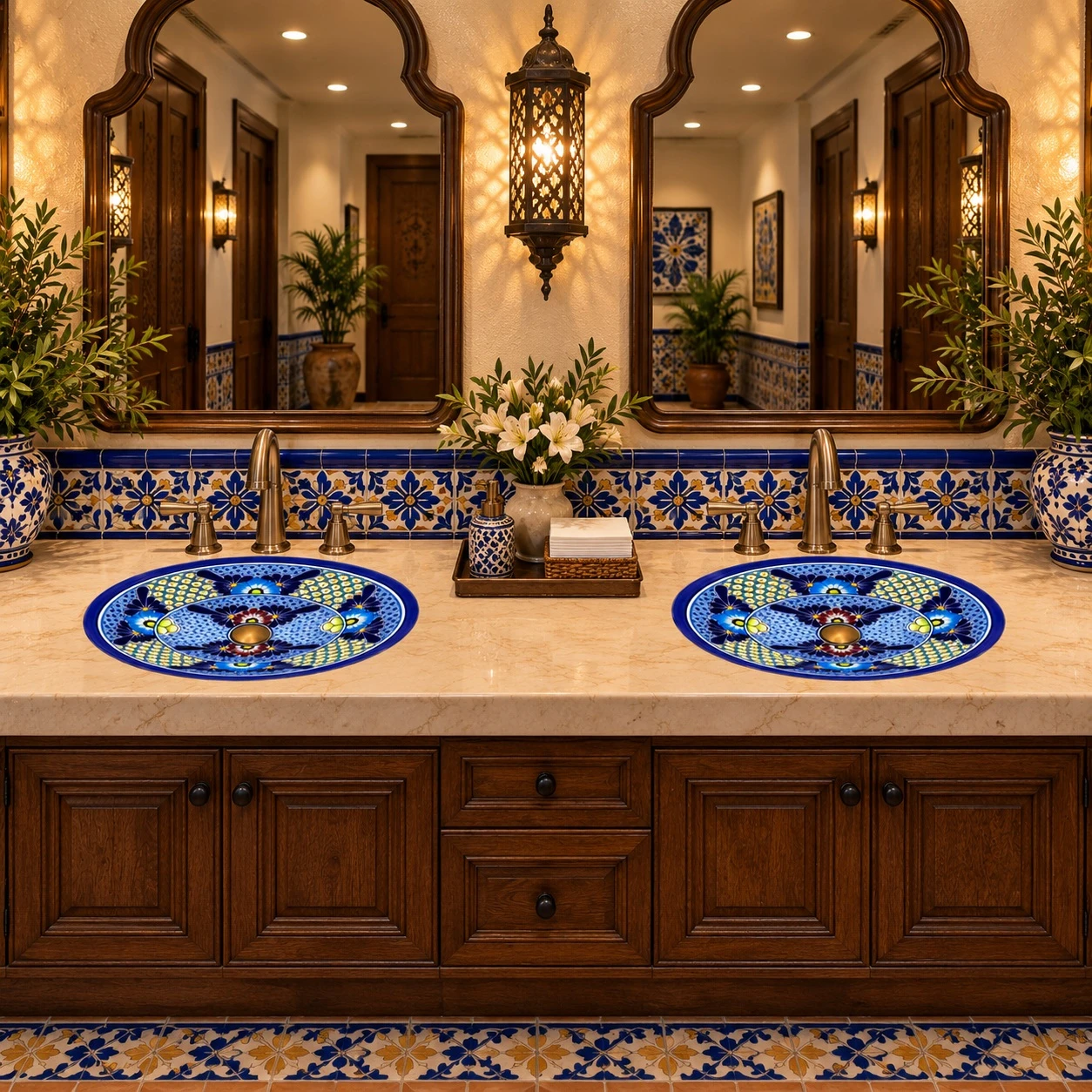 Oval talavera bathroom sink blue floral lattice design in an upscale restaurant restroom