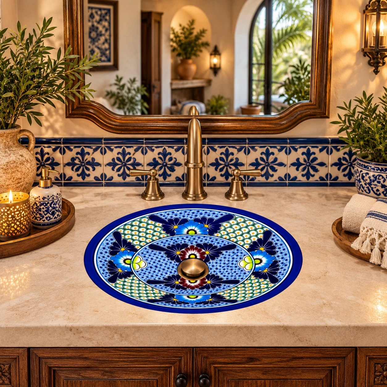Oval talavera bathroom sink blue floral lattice design in a Mediterranean stone vanity