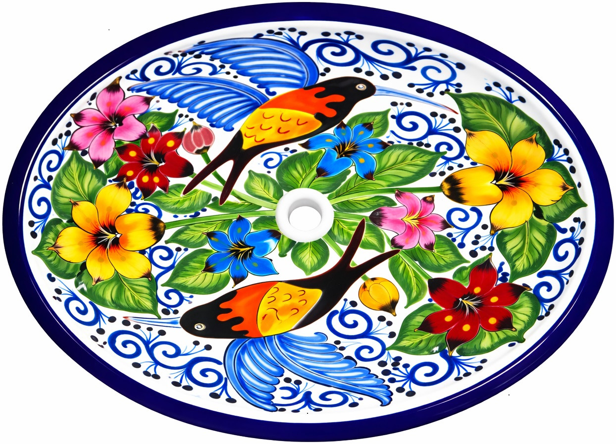 Oval talavera hummingbird floral bathroom sink