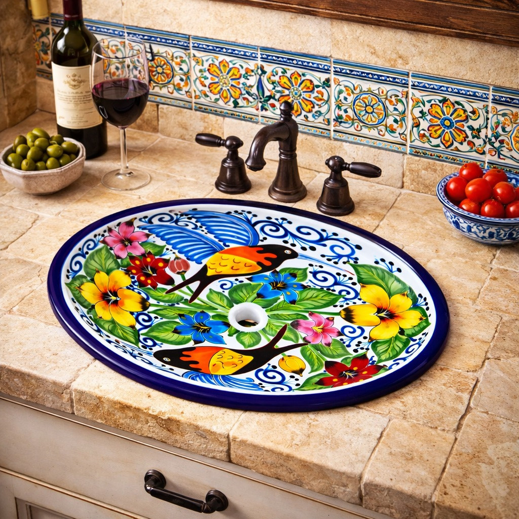 Oval Talavera Hummingbird Floral Mexican Bathroom Sink