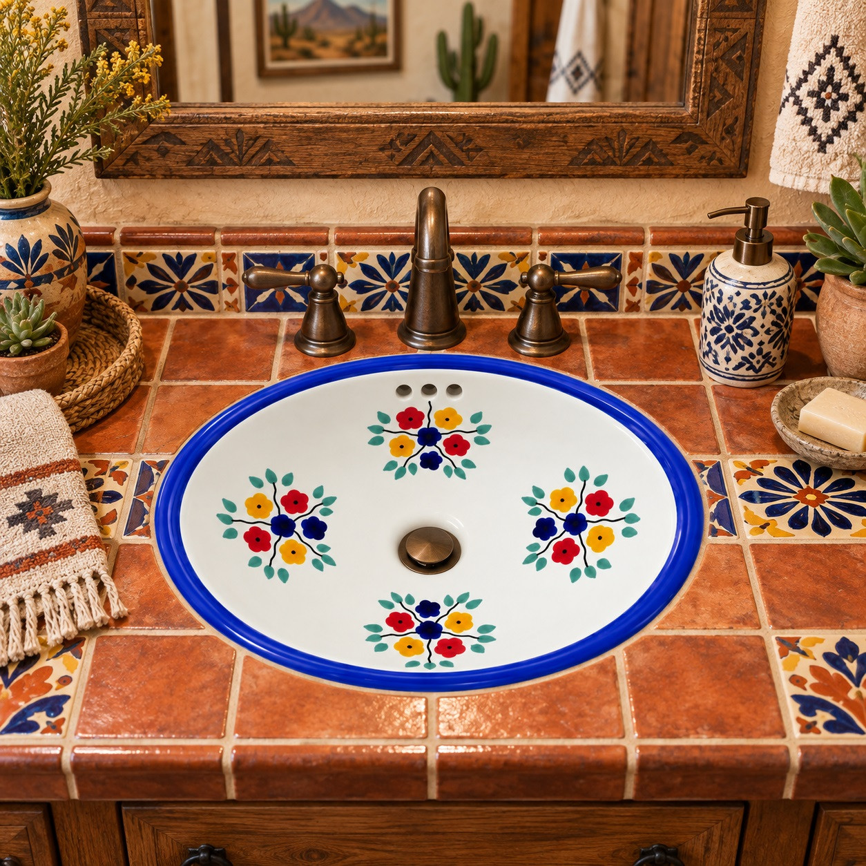 Oval talavera colorful floral Mexican bathroom sink in a Southwestern bath with terracotta