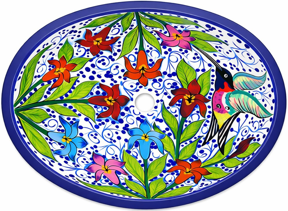 Oval talavera hummingbird floral mexican bathroom sink
