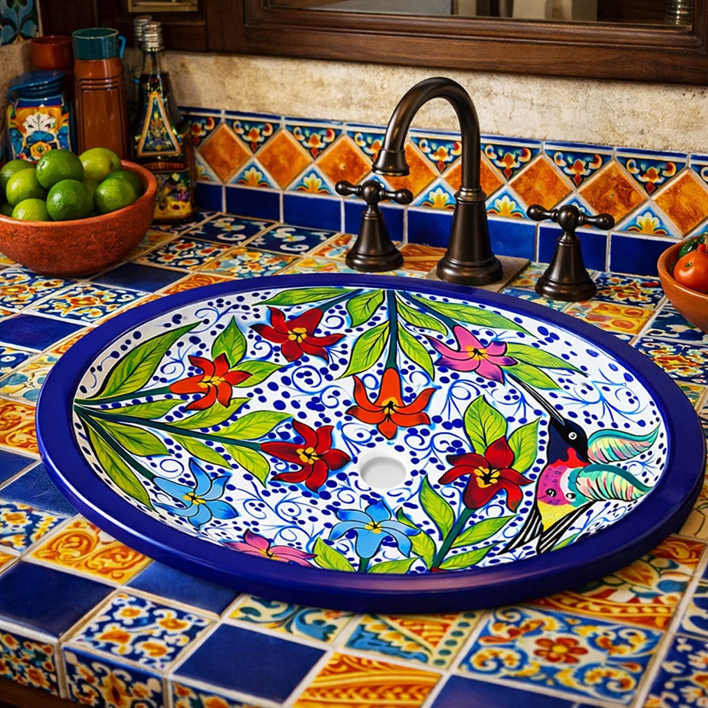 Oval Talavera Hummingbird Floral Mexican Bathroom Sink