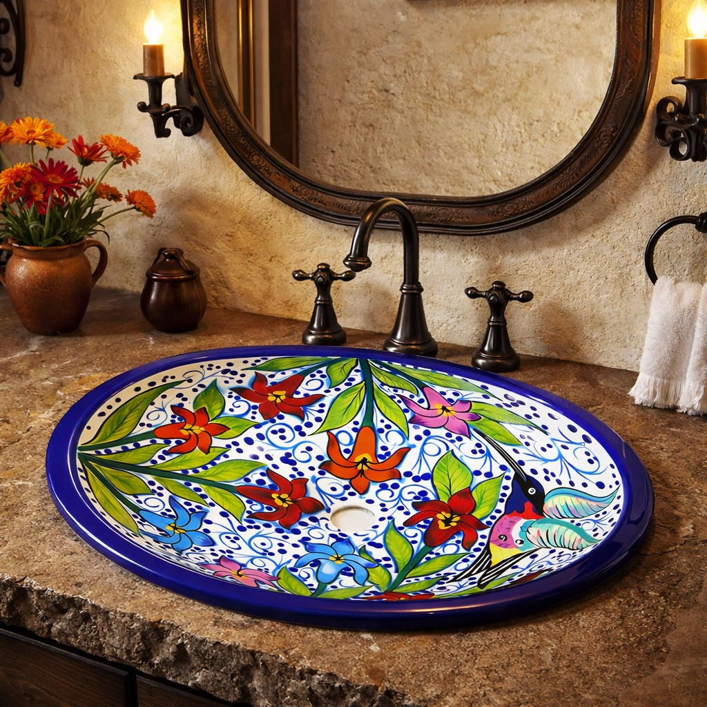 イタリア製　Vietri Italy ジュエリーボックス総花柄　セラミック Oval Talavera Hummingbird Floral Mexican Bathroom Sink