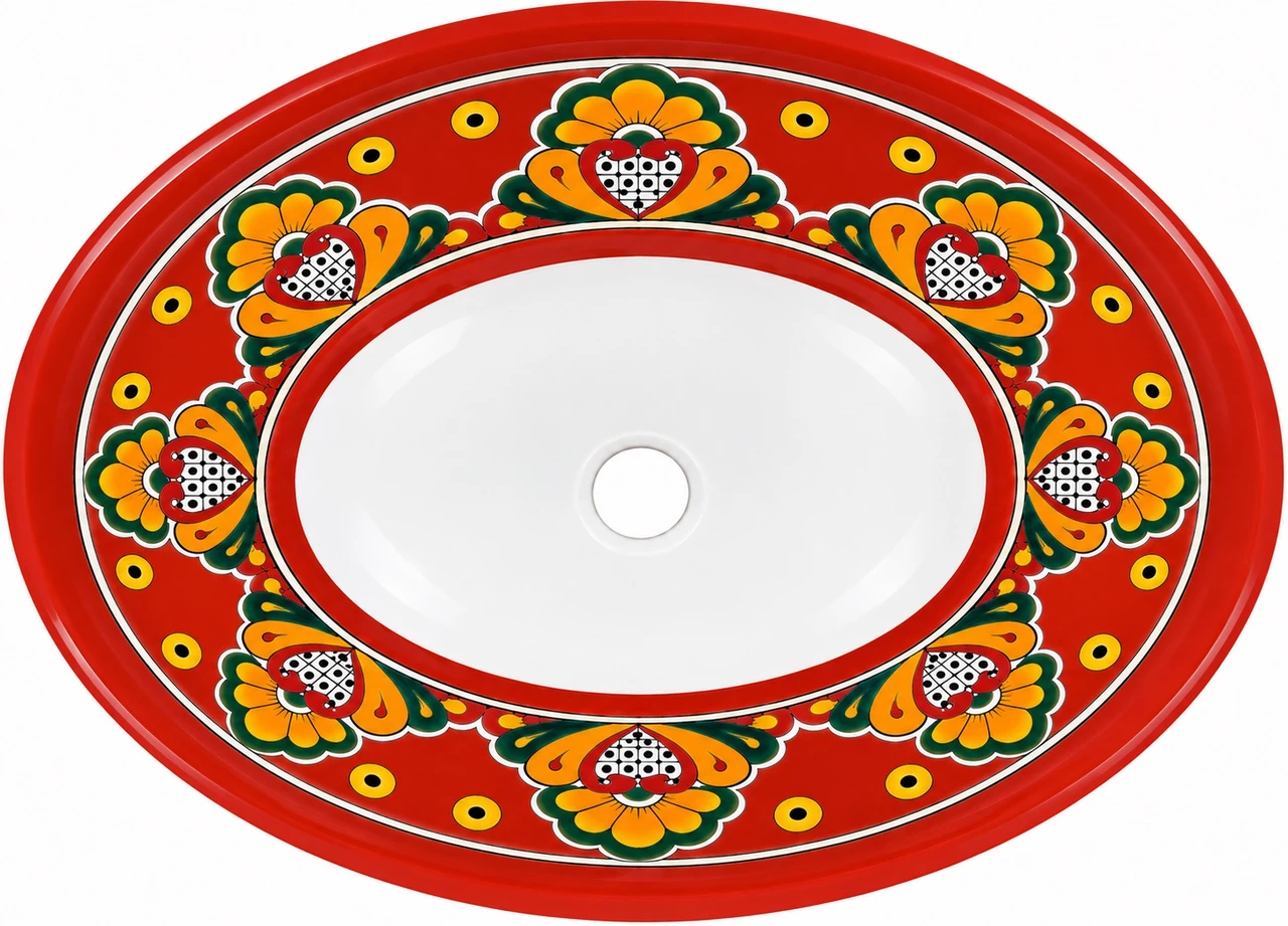 Oval talavera bathroom sink red floral folk border