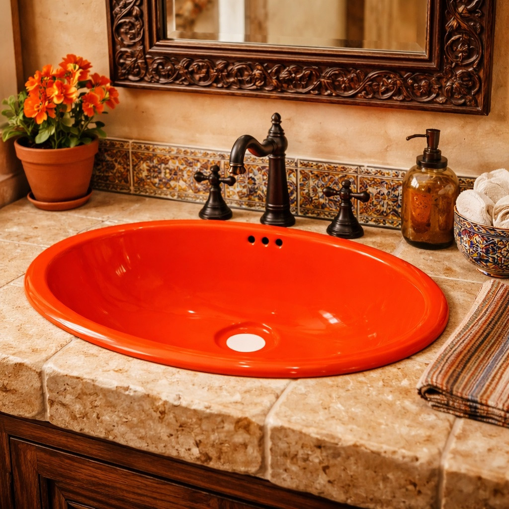 Mexican oval orange talavera bathroom sink set in Hacienda style bathroom with rustic wood vanity