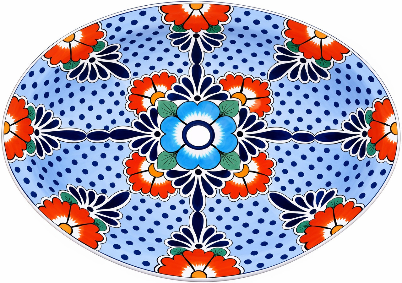 Oval mexican talavera blue orange floral sink