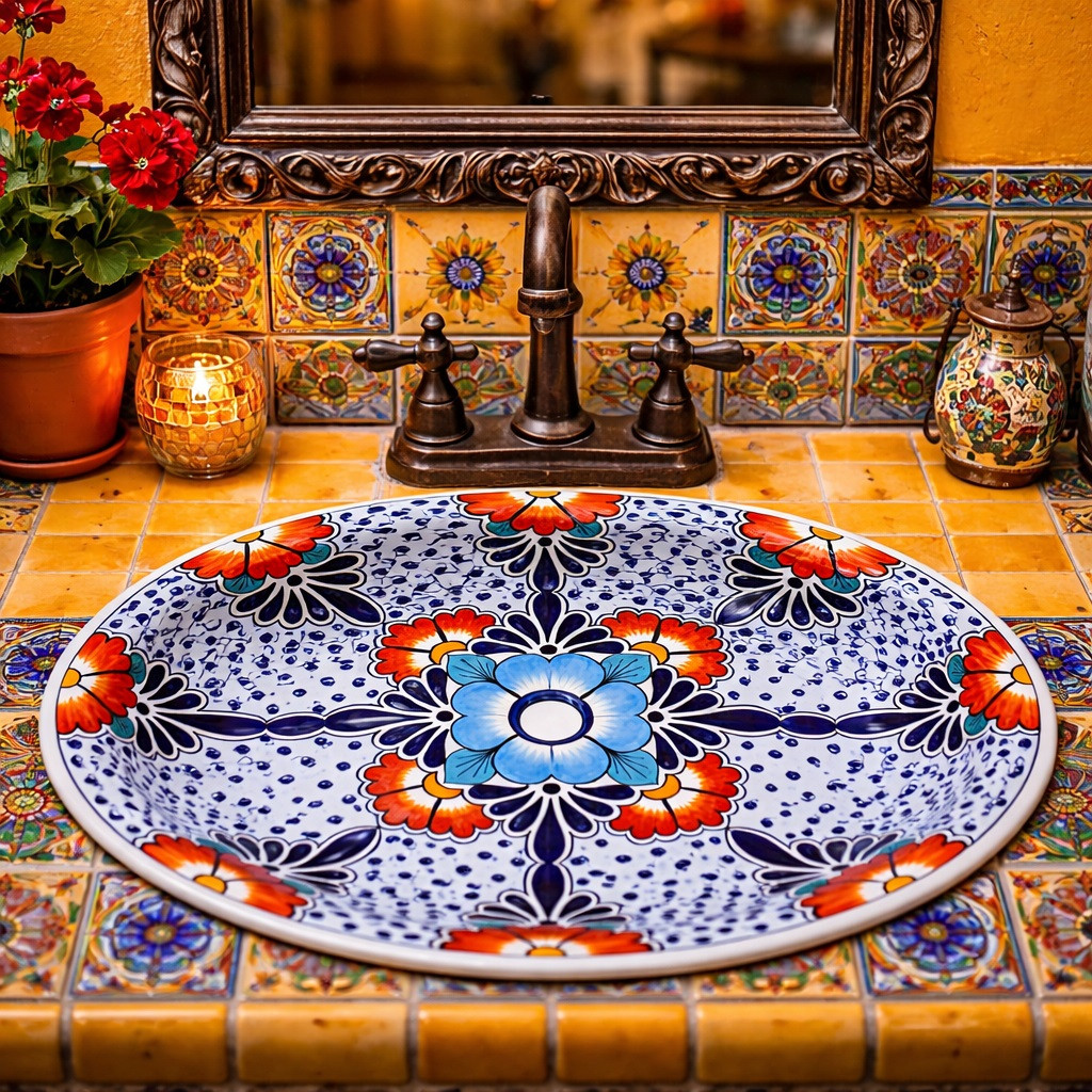 Oval mexican talavera blue orange floral sink displayed in Mexican restaurant restroom with colorful decor