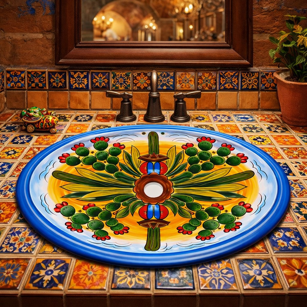 Oval mexican talavera cactus bathroom sink displayed in a Mexican restaurant restroom with colorful tile and rustic decor