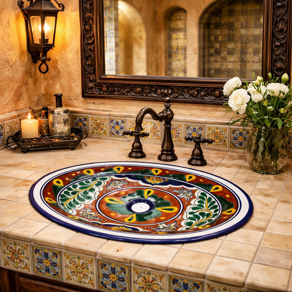 Oval talavera terracotta scroll mexican bathroom sink in Spanish Revival bathroom with terracotta walls and carved wood vanity