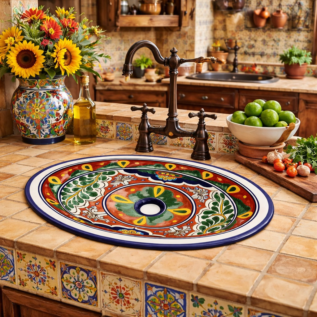 Oval talavera terracotta scroll mexican bathroom sink installed in hacienda style kitchen with rustic wood beams and tile accents