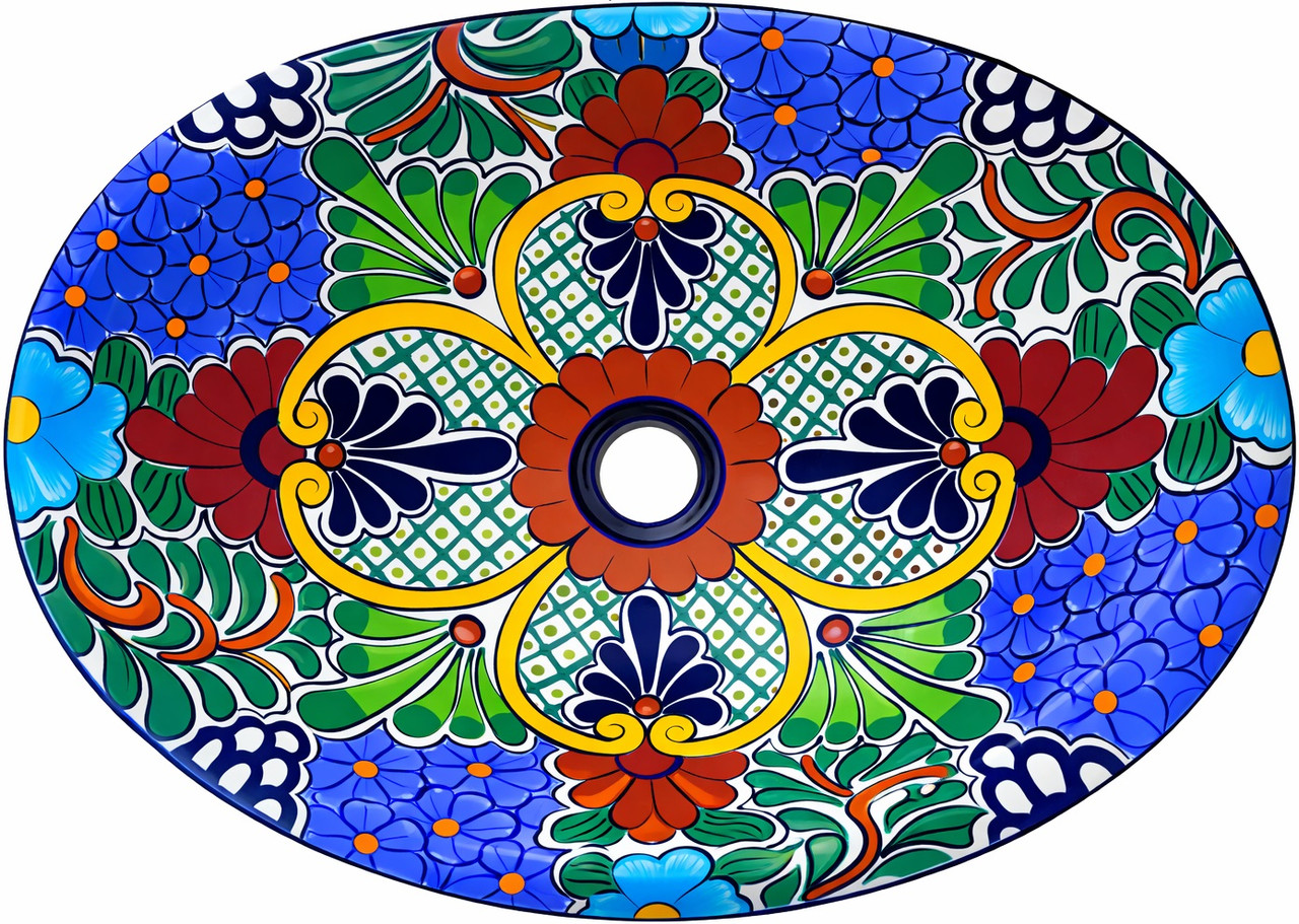 Oval mexican talavera clover medallion bathroom sink