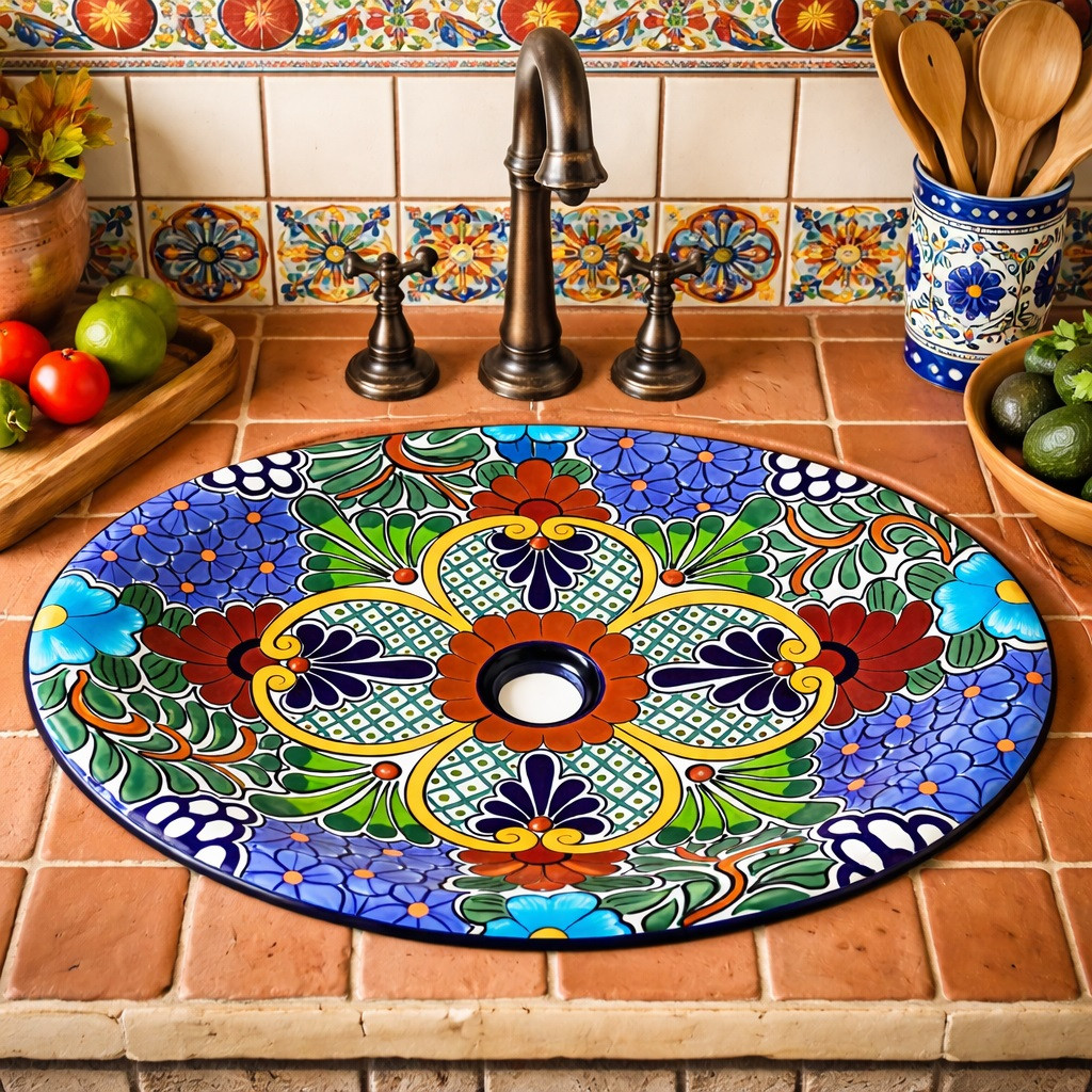Oval mexican talavera clover medallion bathroom sink installed in hacienda style kitchen with tile counter