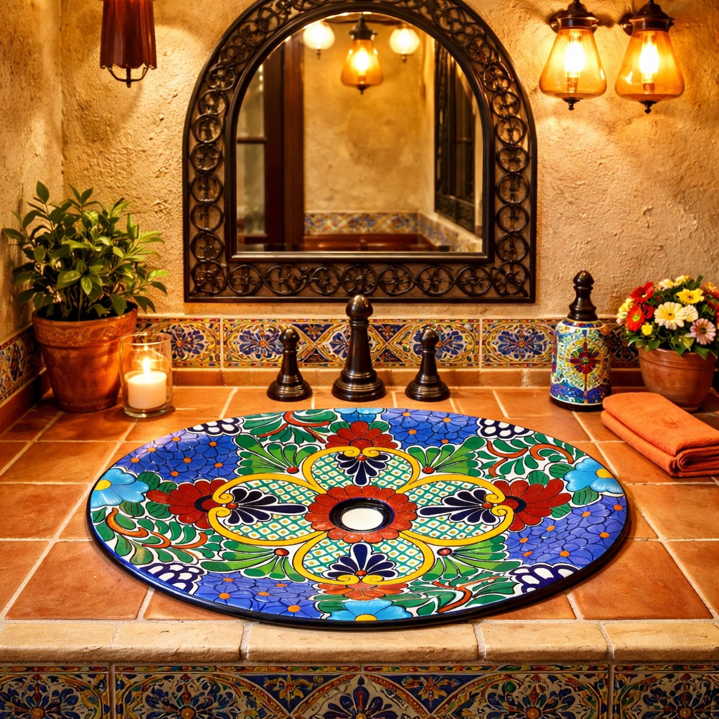 Oval mexican talavera clover medallion bathroom sink featured in Mexican restaurant restroom design
