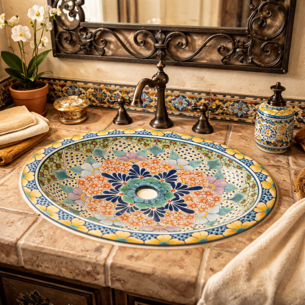 Oval talavera rosette floral mexican bathroom sink in Spanish Revival bathroom with iron mirror and tile wall